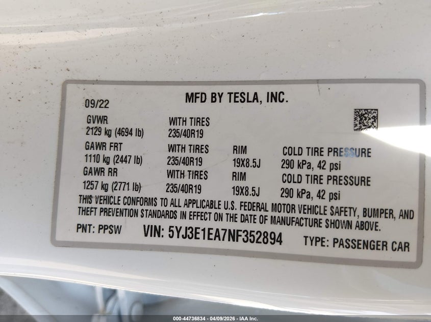 2022 Tesla Model 3 Rear-Wheel Drive white Lot 111044736834 Vin 5YJ3E1EA7NF352894