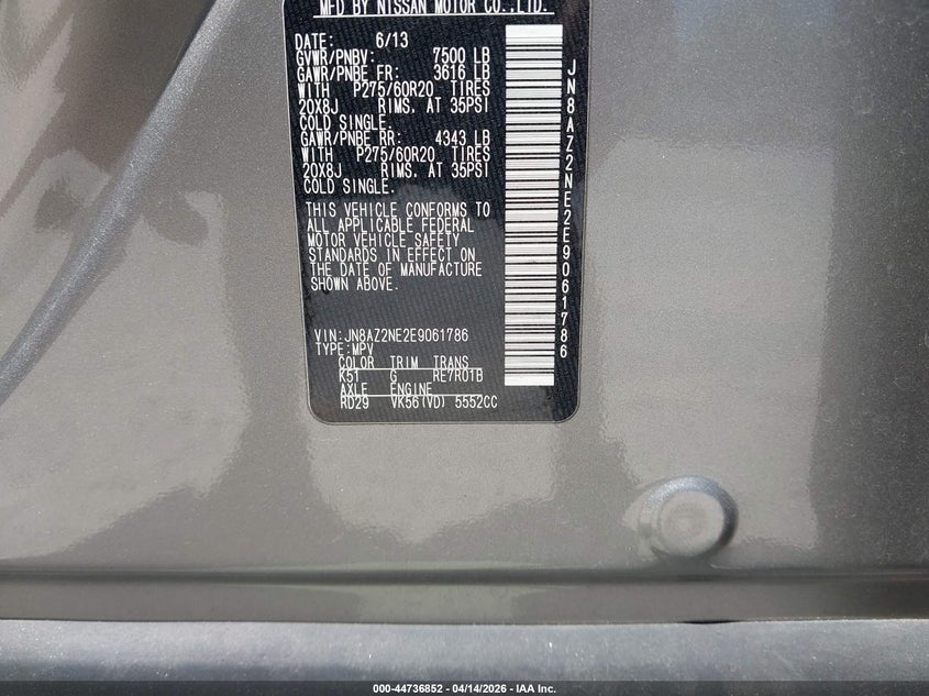 2014 Infiniti Qx80 VIN: JN8AZ2NE2E9061786 Lot: 44736852