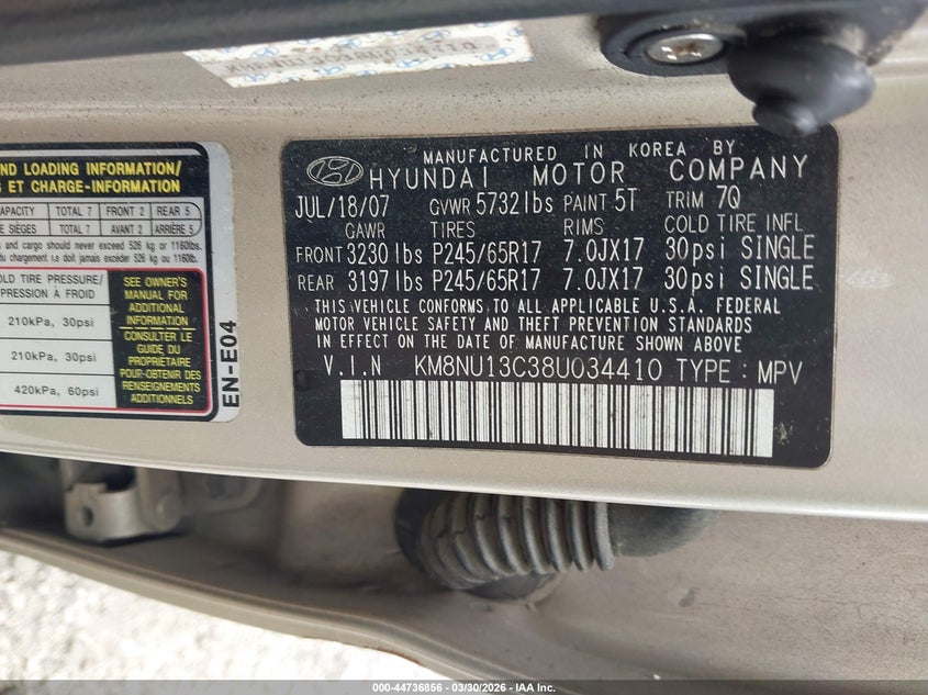 2008 Hyundai Veracruz Gls/Limited/Se VIN: KM8NU13C38U034410 Lot: 44736856