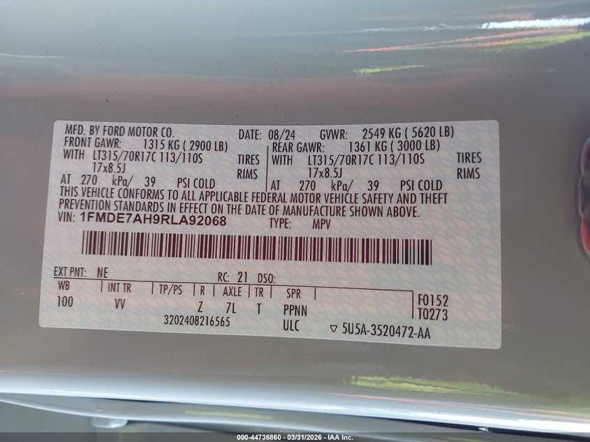 2024 FORD BRONCO VIN: 1FMDE7AH9RLA92068