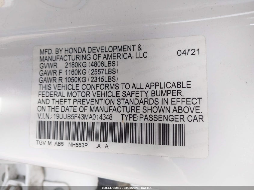 ACURA TLX 2021 VIN 19UUB5F43MA014348