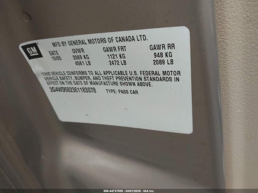 2006 Buick Lacrosse Cxl VIN: 2G4WD582361183078 Lot: 44737000