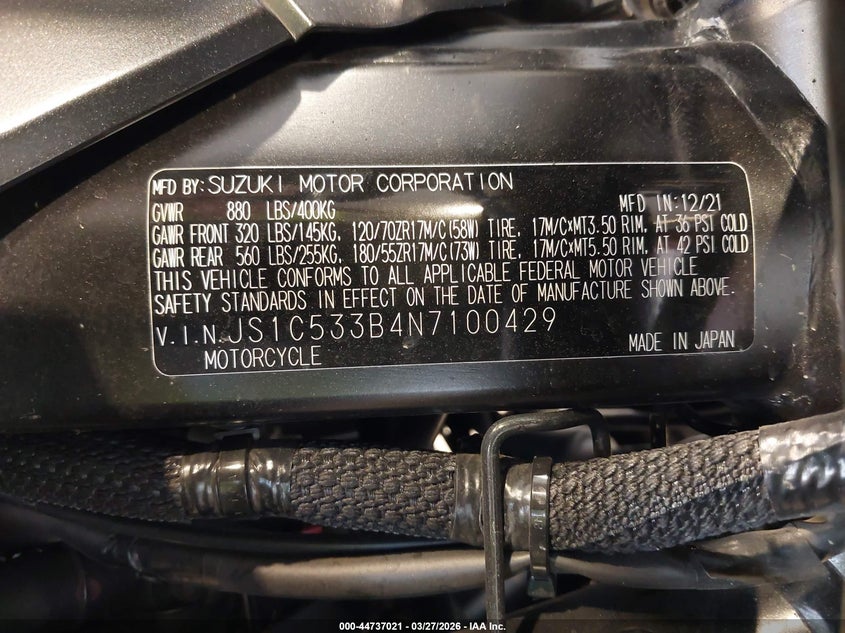 2022 Suzuki Gsx-S750 M/Z VIN: JS1C533B4N7100429 Lot: 44737021