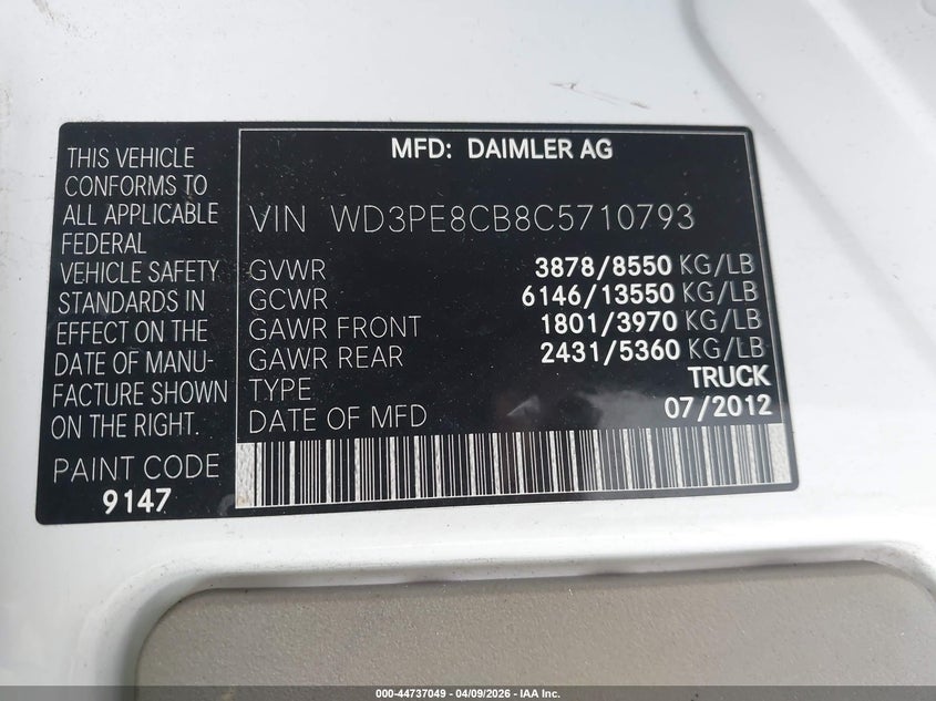 2012 Mercedes-Benz Sprinter 2500 High Roof VIN: WD3PE8CB8C5710793 Lot: 44737049