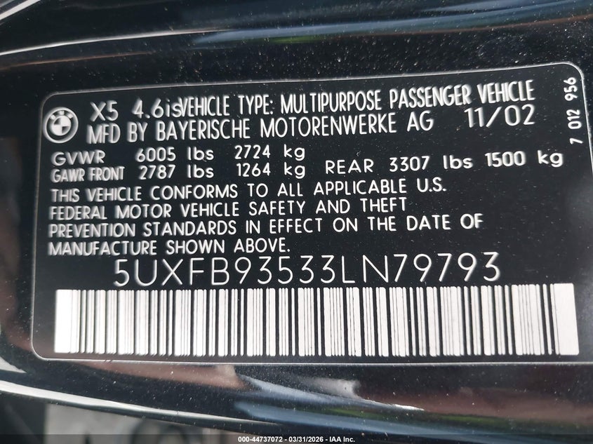 2003 BMW X5 4.6Is VIN: 5UXFB93533LN79793 Lot: 44737072