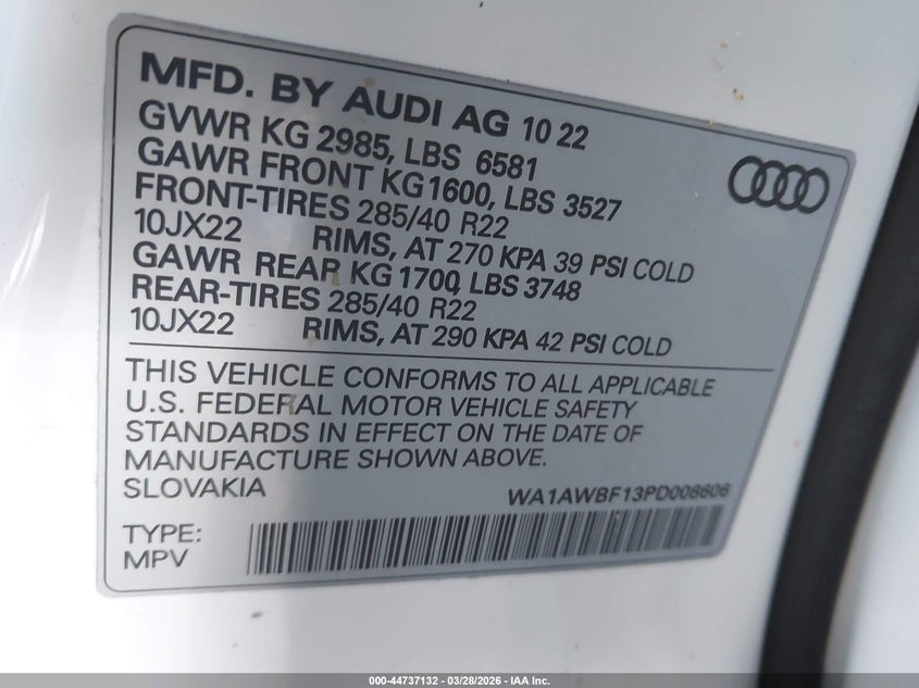 2023 Audi Sq8 Premium Plus Tfsi Quattro Tiptronic VIN: WA1AWBF13PD008606 Lot: 44737132