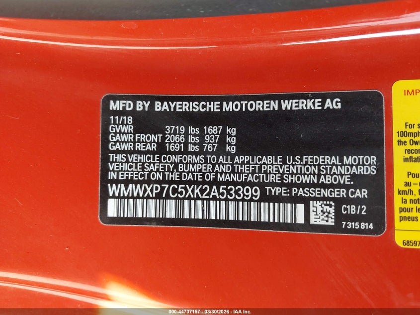 2019 Mini Hardtop Cooper S VIN: WMWXP7C5XK2A53399 Lot: 44737157