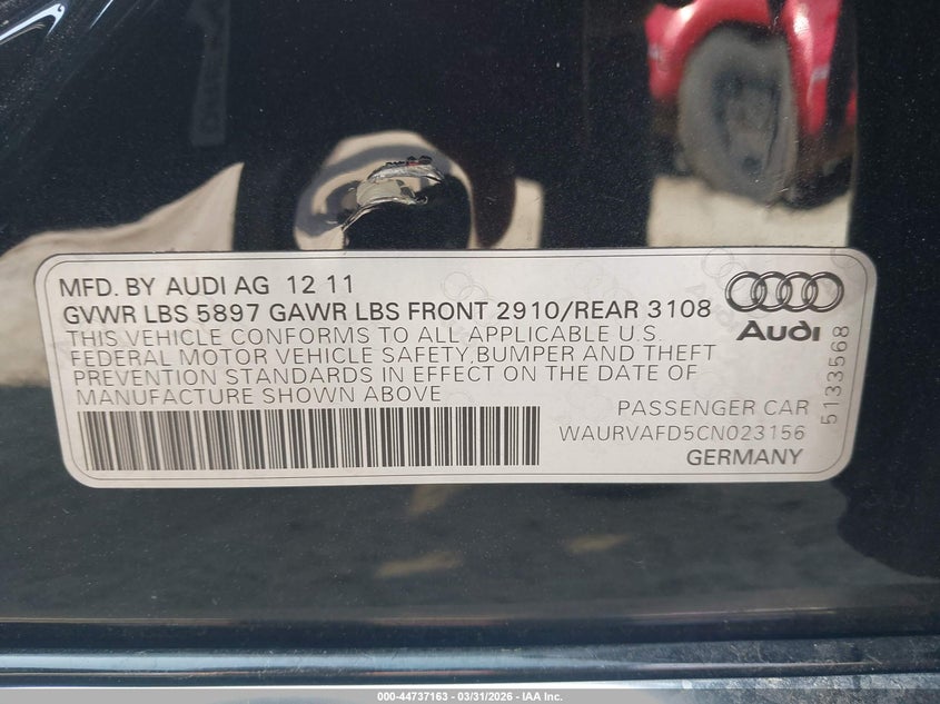 2012 Audi A8 L 4.2 VIN: WAURVAFD5CN023156 Lot: 44737163