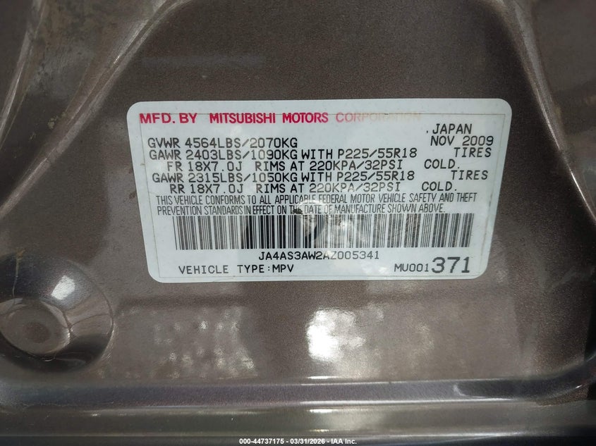 2010 Mitsubishi Outlander Se VIN: JA4AS3AW2AZ005341 Lot: 44737175