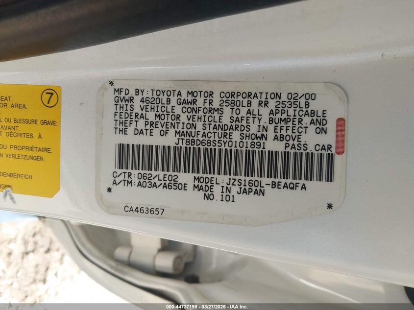 2000 Lexus Gs 300 VIN: JT8BD68S5Y0101891 Lot: 44737198