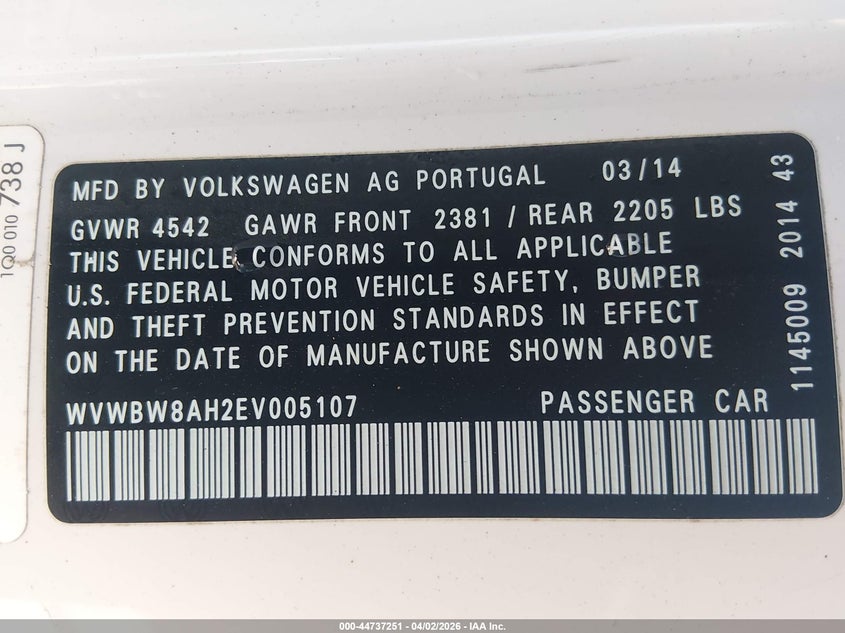2014 Volkswagen Eos Sport VIN: WVWBW8AH2EV005107 Lot: 44737251