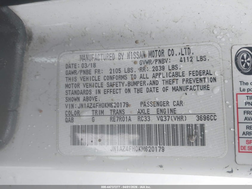 2019 Nissan 370Z Touring VIN: JN1AZ4FH0KM620179 Lot: 44737277