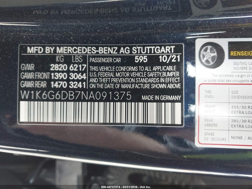 2022 Mercedes-Benz S 500 4Matic VIN: W1K6G6DB7NA091375 Lot: 44737374
