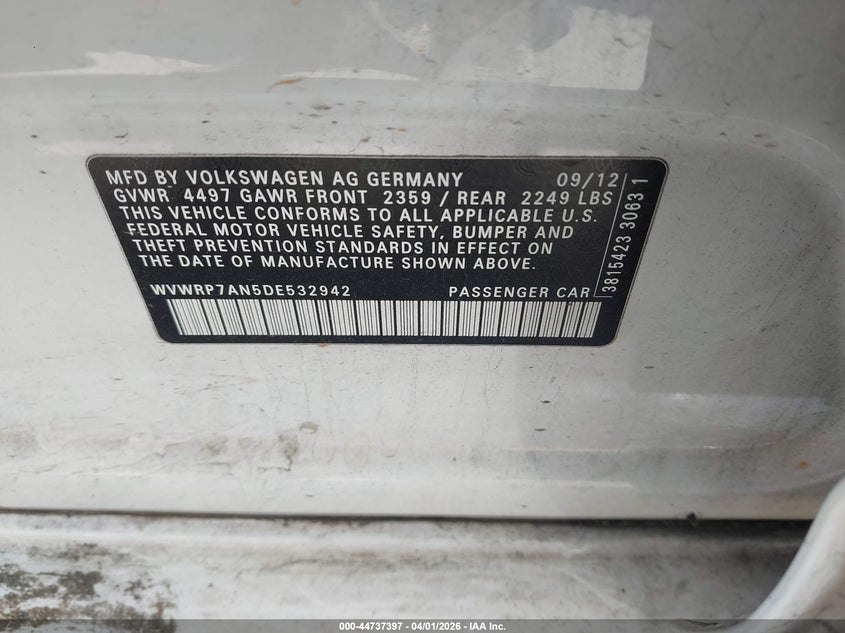 2013 Volkswagen Cc 2.0T Lux VIN: WVWRP7AN5DE532942 Lot: 44737397