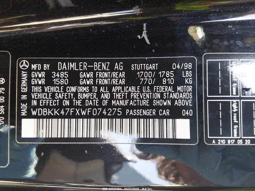 1998 Mercedes-Benz Slk 230 VIN: WDBKK47FXWF074275 Lot: 44737454