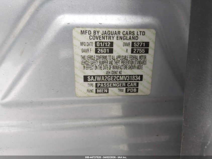 2012 Jaguar Xj Xjl Supercharged VIN: SAJWA2GE2CMV31834 Lot: 44737520