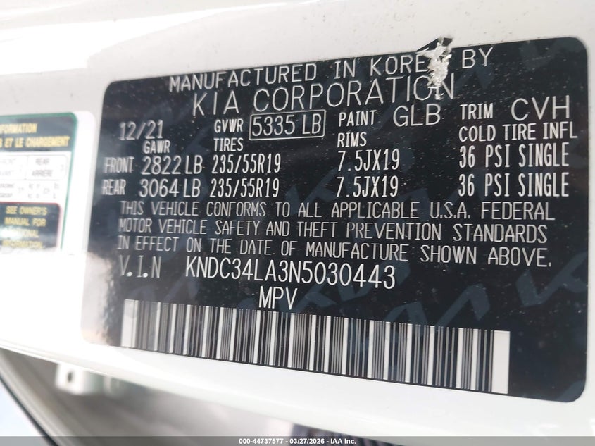 2022 Kia Ev6 Wind VIN: KNDC34LA3N5030443 Lot: 44737577