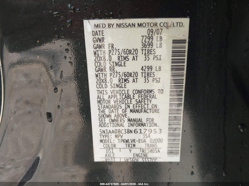 2008 Nissan Armada Le VIN: 5N1AA08C38N617953 Lot: 44737589