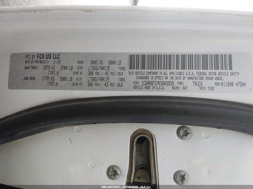 2019 Ram 1500 Classic Tradesman 4X2 6'4 Box VIN: 1C6RR6FG7KS603935 Lot: 44737611
