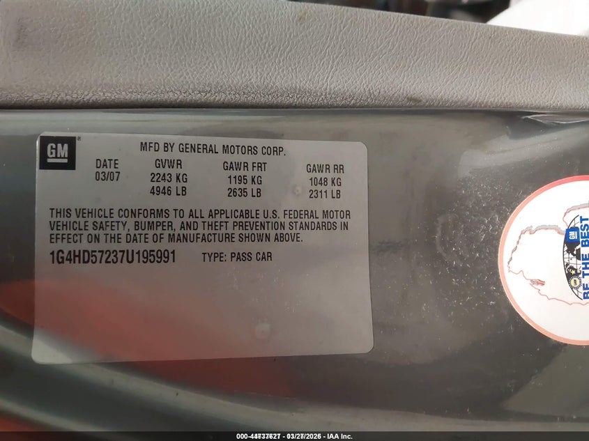 BUICK LUCERNE 2007 VIN 1G4HD57237U195991