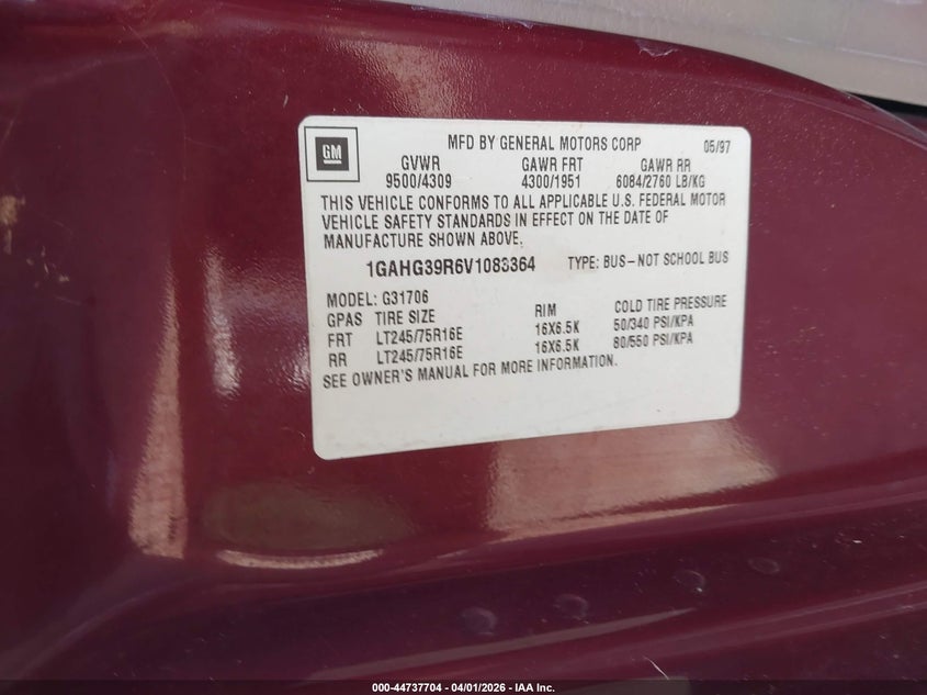1997 Chevrolet Express VIN: 1GAHG39R6V1083364 Lot: 44737704