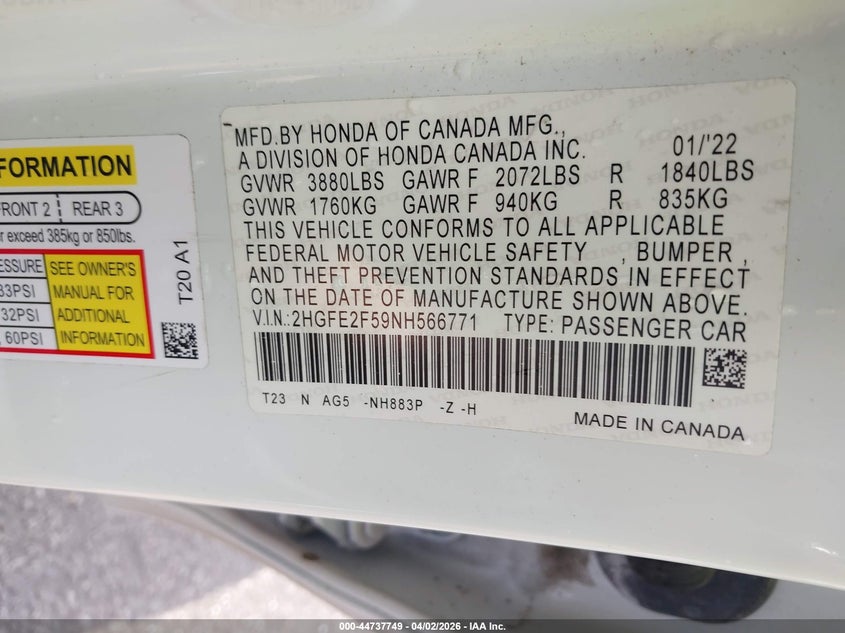 VIN 2HGFE2F59NH566771 2022 HONDA CIVIC SPORT