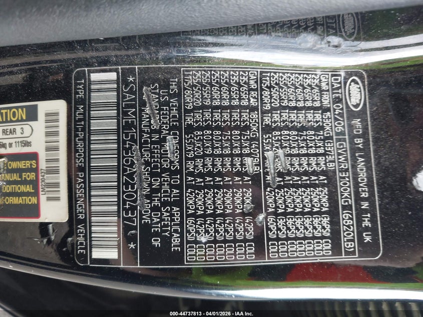 2006 Land Rover Range Rover Hse VIN: SALME15436A230437 Lot: 44737813