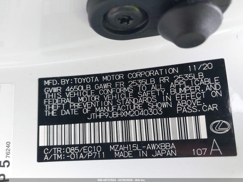 2021 Lexus Ux 250H VIN: JTHP9JBHXM2040303 Lot: 44737924