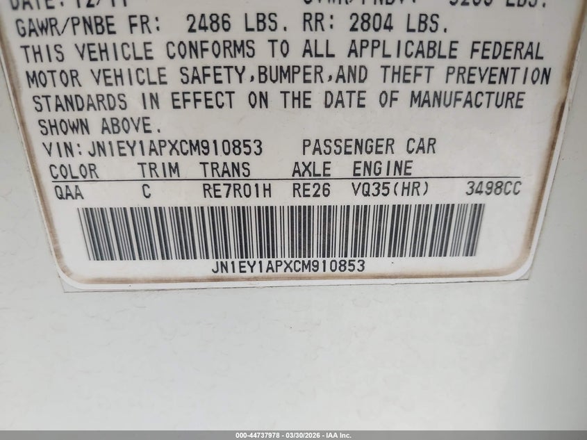 2012 Infiniti M35H VIN: JN1EY1APXCM910853 Lot: 44737978