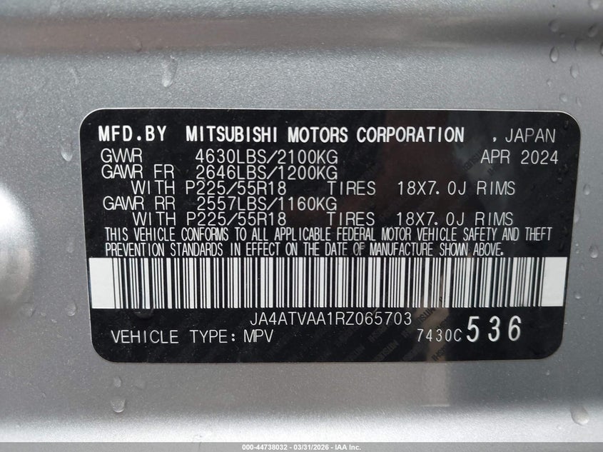 2024 Mitsubishi Eclipse Cross Le S-Awc VIN: JA4ATVAA1RZ065703 Lot: 44738032