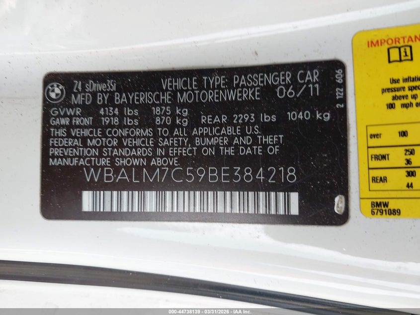 2011 BMW Z4 Sdrive35I VIN: WBALM7C59BE384218 Lot: 44738139