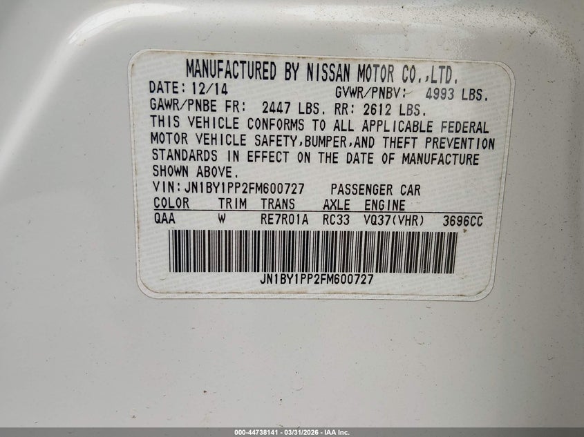 2015 Infiniti Q70L 3.7 VIN: JN1BY1PP2FM600727 Lot: 44738141