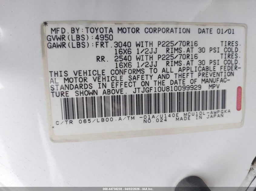 2001 Lexus Rx 300 VIN: JTJGF10U810099929 Lot: 44738238