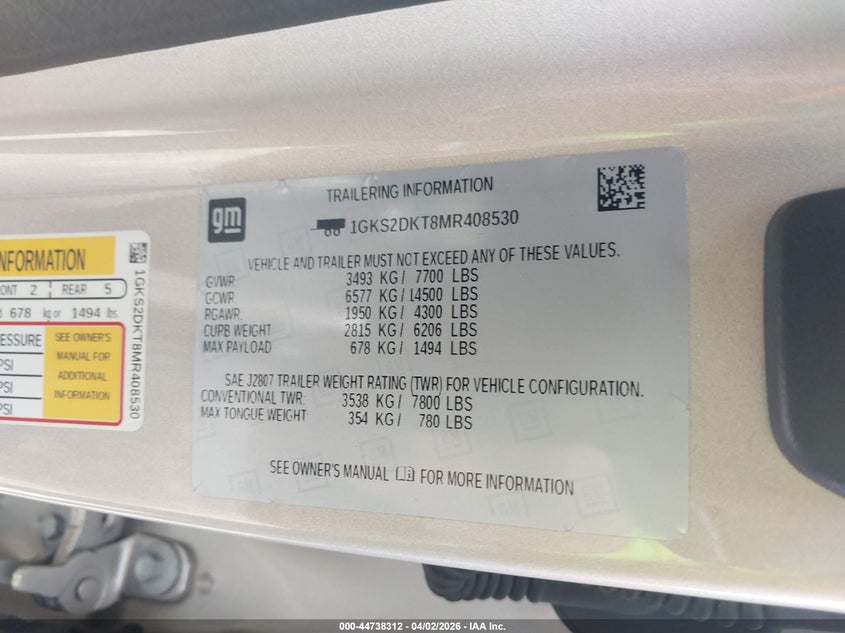 VIN 1GKS2DKT8MR408530 2021 GMC YUKON 4WD DENALI