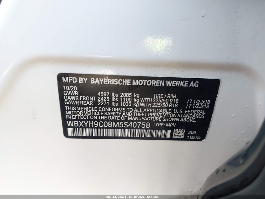 2021 BMW X2 Sdrive28I VIN: WBXYH9C08M5S40758 Lot: 44738371