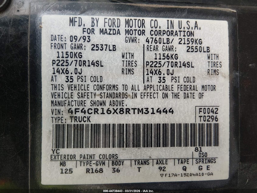 1994 Mazda B4000 Cab Plus VIN: 4F4CR16X8RTM31444 Lot: 44738443