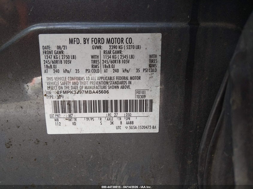 2021 Ford Edge 2.0 Sel grey Lot 111044738515 Vin 2FMPK3J97MBA45606