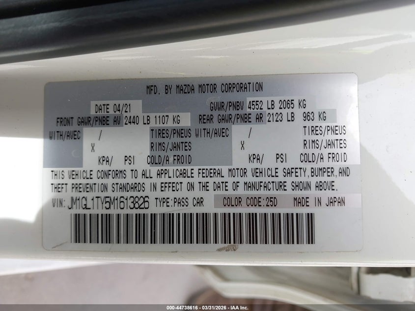 2021 Mazda Mazda6 Grand Touring VIN: JM1GL1TY5M1613826 Lot: 44738616