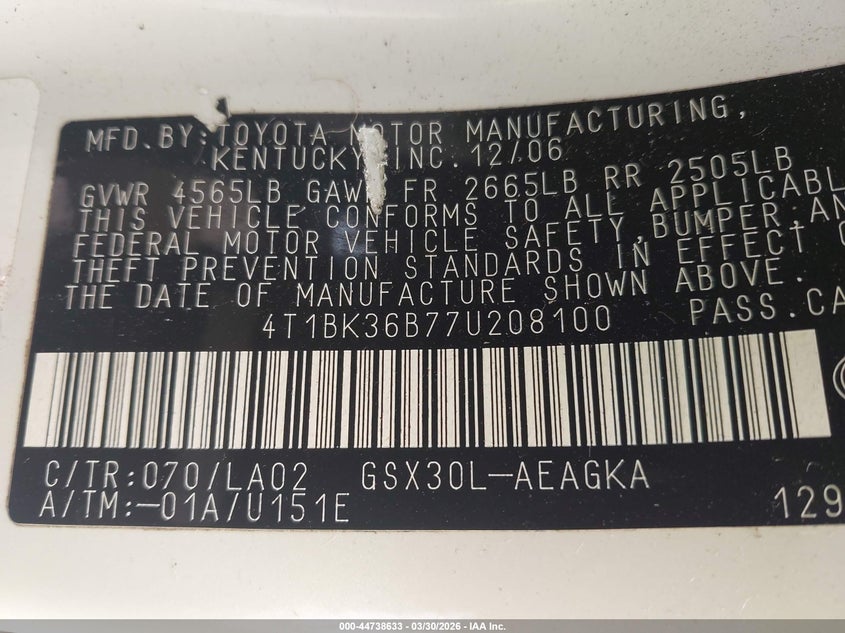 2007 Toyota Avalon Xls VIN: 4T1BK36B77U208100 Lot: 44738633