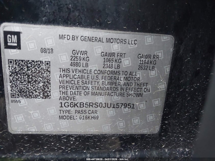 2018 Cadillac Ct6 Standard VIN: 1G6KB5RS0JU157951 Lot: 44738639