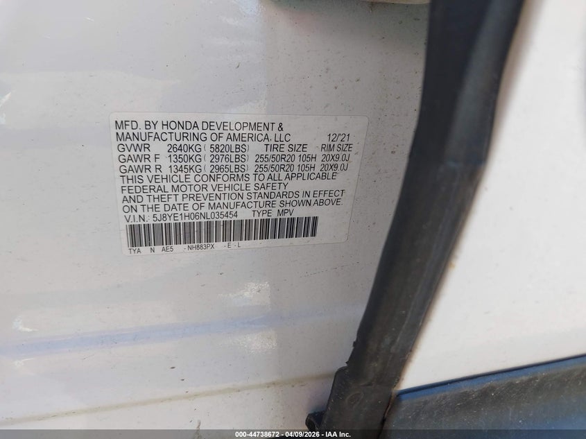 2022 Acura Mdx A-Spec Package VIN: 5J8YE1H06NL035454 Lot: 44738672