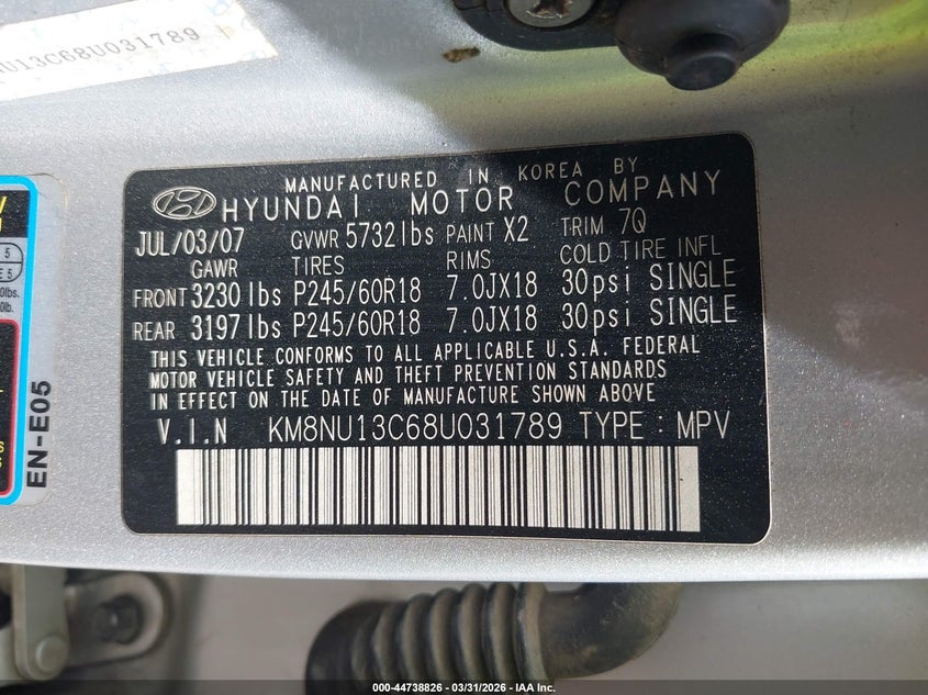 2008 Hyundai Veracruz Gls/Limited/Se VIN: KM8NU13C68U031789 Lot: 44738826