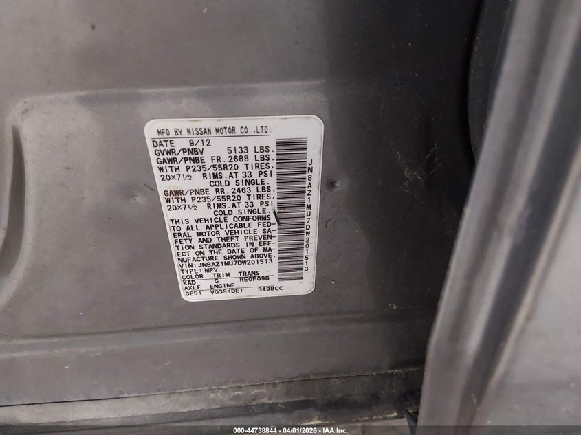 2013 Nissan Murano Le VIN: JN8AZ1MU7DW201513 Lot: 44738844