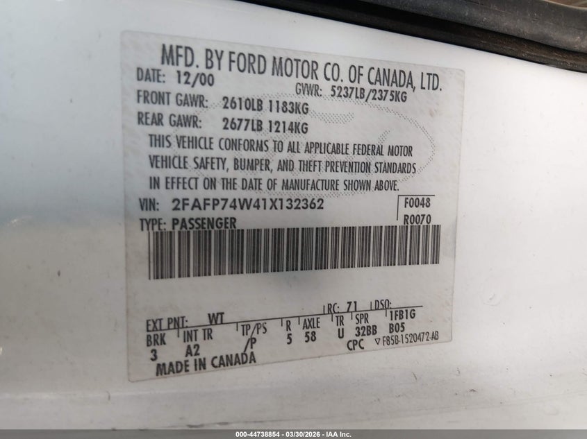 2001 Ford Crown Victoria Lx VIN: 2FAFP74W41X132362 Lot: 44738854