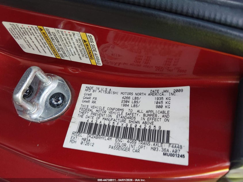 2009 Mitsubishi Eclipse Spyder Gs VIN: 4A3AL25FX9E042659 Lot: 44738911