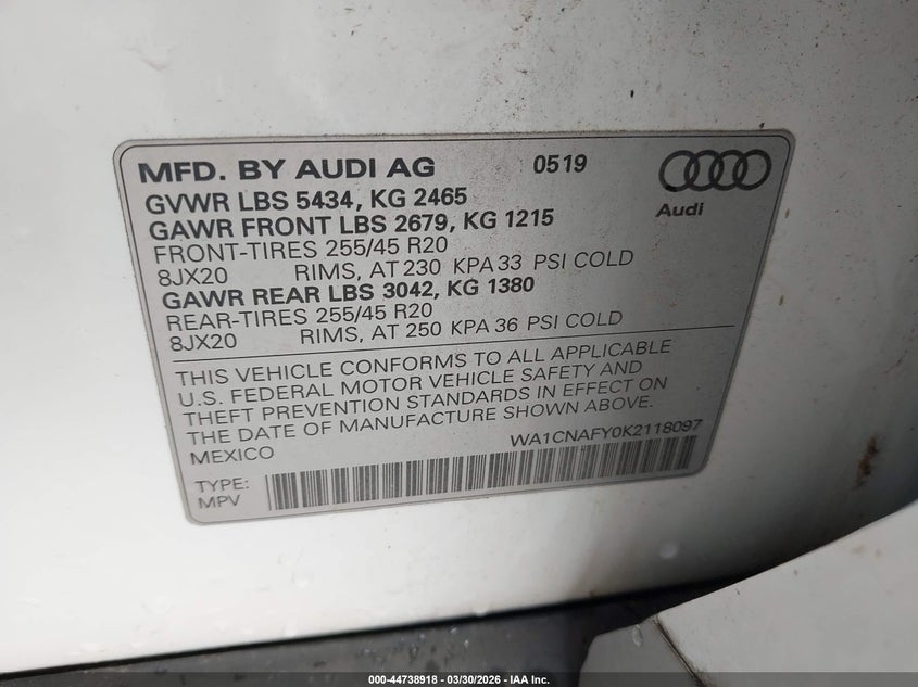 AUDI Q5 2019 VIN WA1CNAFY0K2118097