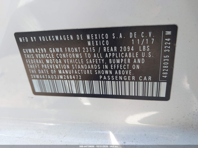 2018 Volkswagen Golf Gti 2.0T Autobahn/2.0T S/2.0T Se VIN: 3VW447AU3JM268472 Lot: 44739088