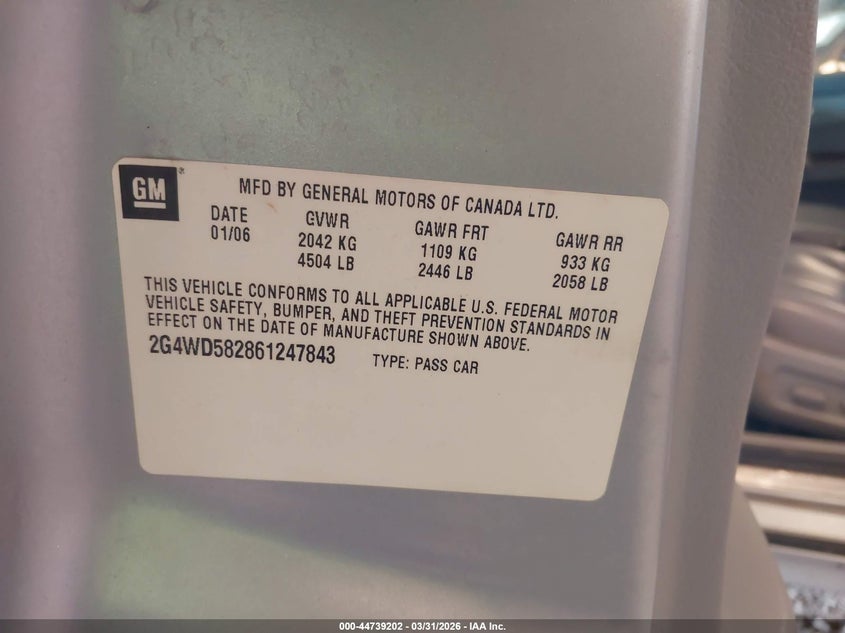 2006 Buick Lacrosse Cxl VIN: 2G4WD582861247843 Lot: 44739202