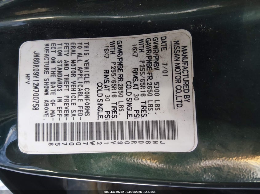 2002 Nissan Pathfinder Se VIN: JN8DR09Y12W700758 Lot: 44739252