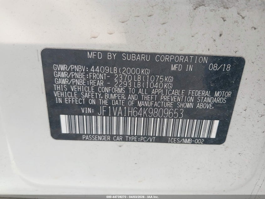 2019 Subaru Wrx Limited VIN: JF1VA1H64K9809653 Lot: 44739270